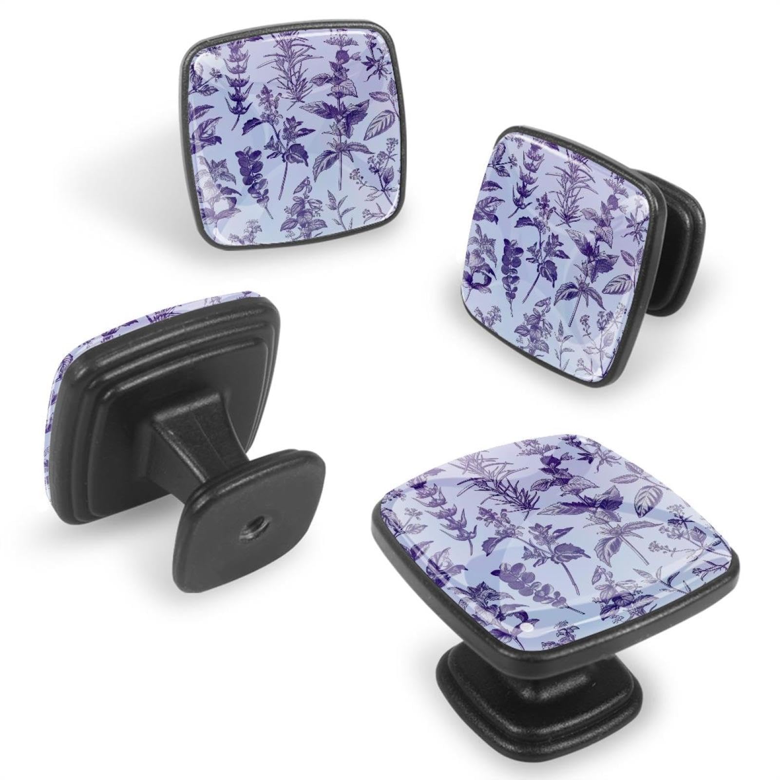 IROLSKDNFH 12 Pieces Purple Floral Herbs and Spices Glass Knobs for Dresser Drawers, 1.37 x 1.10 in Square Kitchen Cabinet Pulls for Home Office Nursery Kids Room