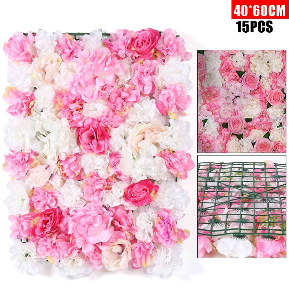 15 Stück Künstliche Blumenwand 60x40cm Rosenwand Seidenblumen Garten Balkon Straße Hochzeit Hintergrund Dekoration Kunstblumen DIY Hochzeit Straße Hintergrund Künstlicheblumenwand Rosa