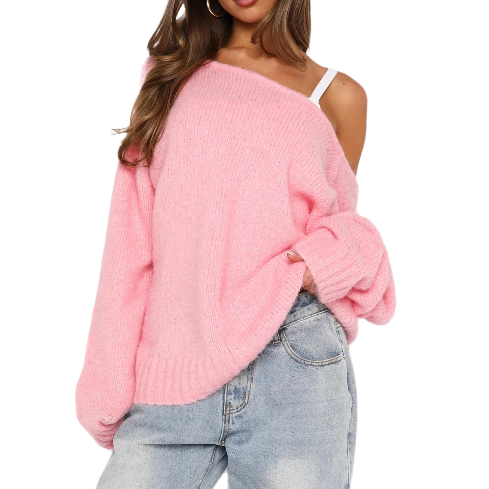 Women Casual Long Sleeve Sweaters Crew Neck Solid Color Ribbed Knitted Oversized Pullover Soft Loose Fit Jumper
