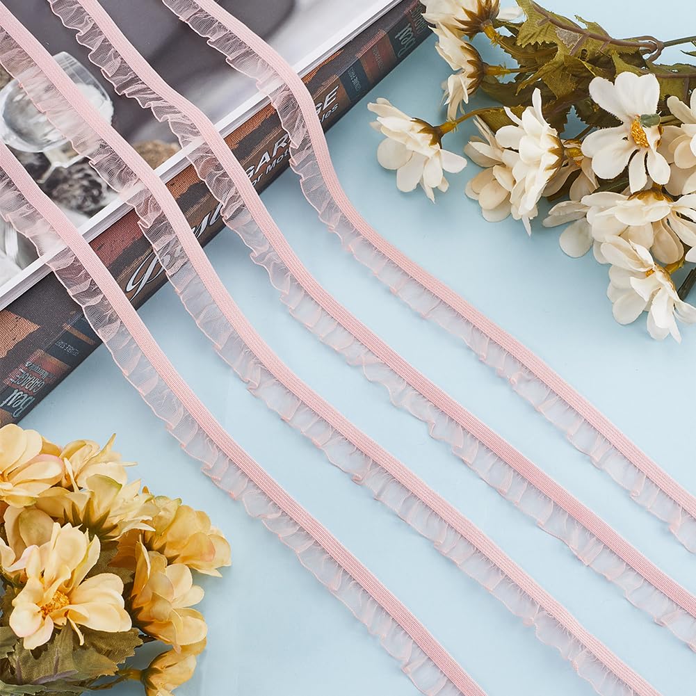 GORGECRAFT 50 Yards Chiffon Elastic Lace Trim 1.5cm Nylon Ruffle Pleated Stretch Band Frilly Lace Spandex Ribbon Roll Spool for Hair Tie Headband Lingerie Underwear Sewing Crafts Home Decoration Pink - Image 4