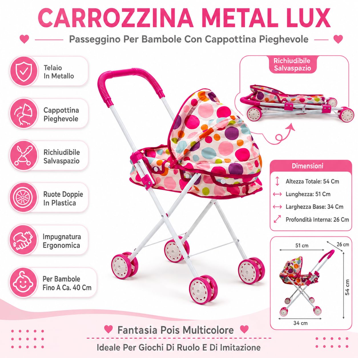 Puppenwagen mit faltbarem Verdeck Metall Kunststoff Faltbarer Kinderwagen für Mädchen Spielzeug Mädchen Kinderwagen für Puppen Kinderwagen Kinderwagen (CARROZZINAMETAL)