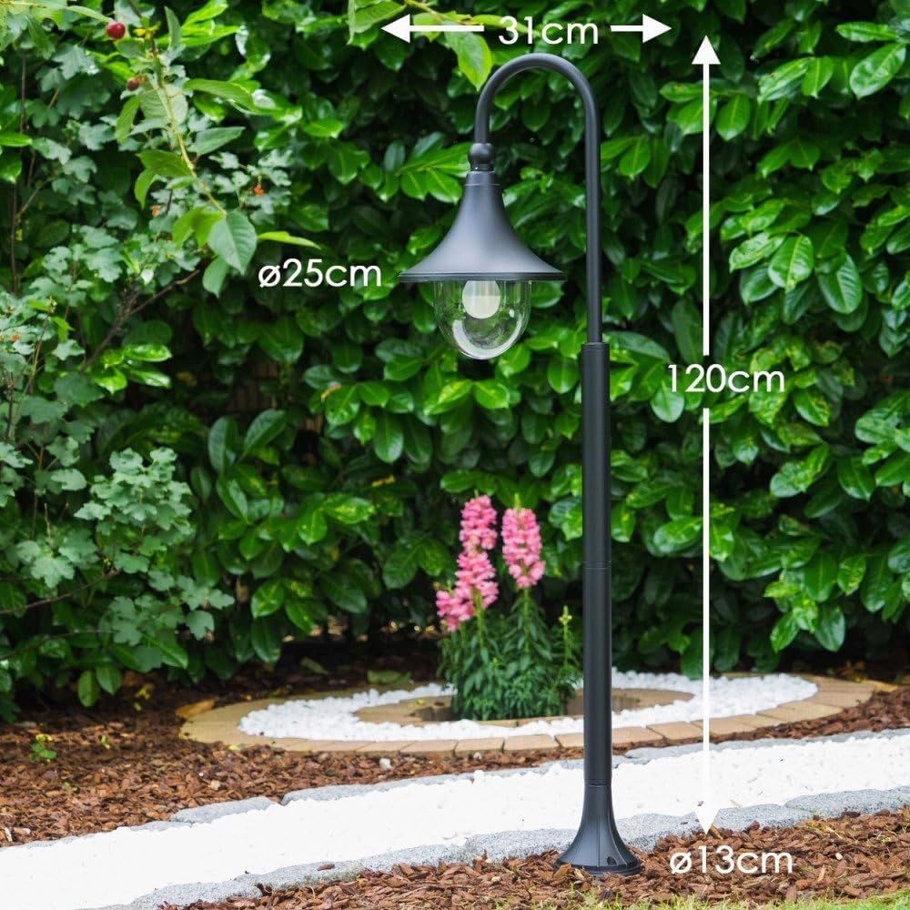 Lampe d'extérieur Elgin, lampadaire en look antique, métal en noir mat, avec abat-jour en plastique, lampe d'allée 120 cm, lampe de jardin rétro/vintage, douille E27, IP44, ampoule(s) non incluse(s)