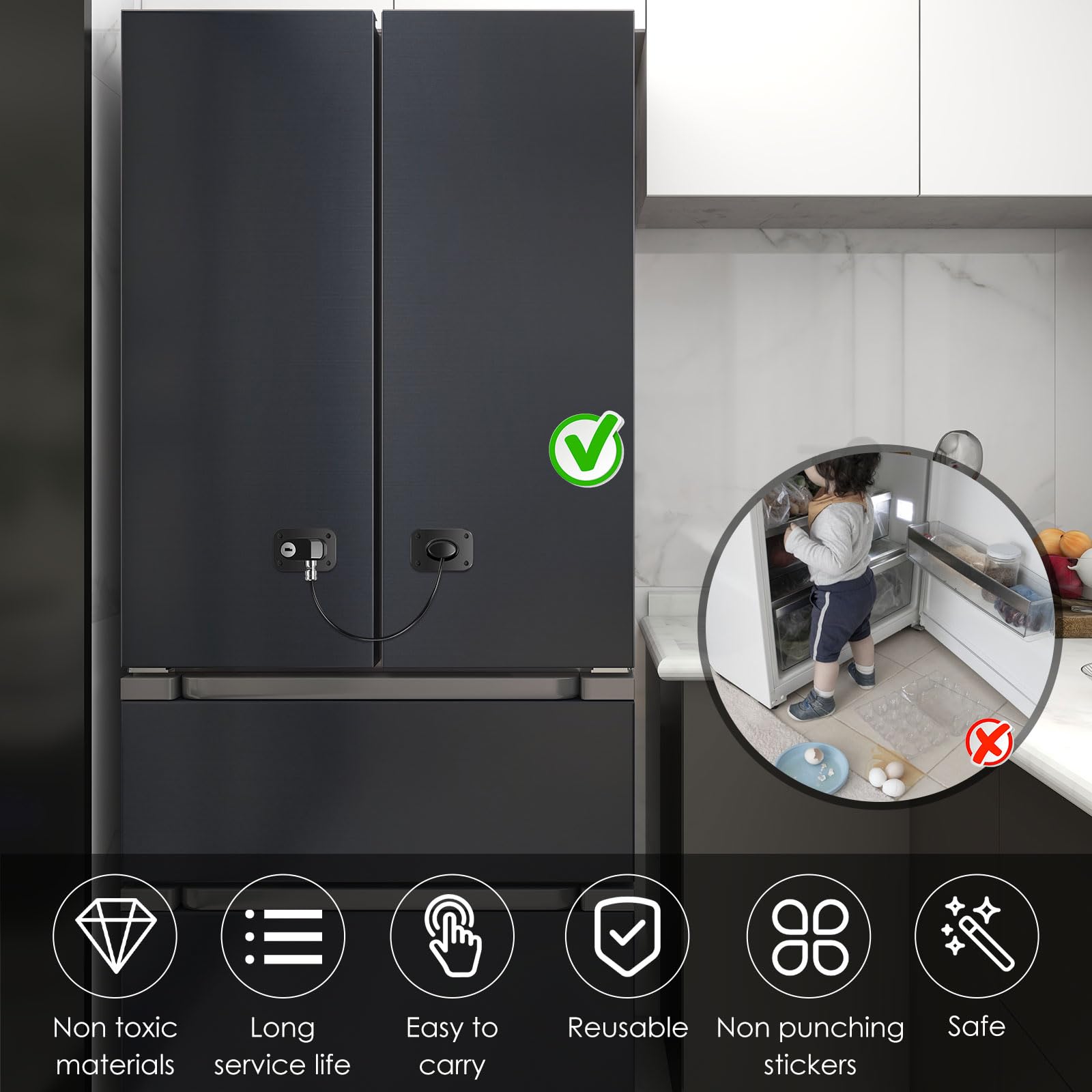 4 cerraduras de congelador a prueba de niños con llave, autoadhesivas para nevera, combo de cerradura de puerta de congelador segura para niños, cerradura de refrigerador para armarios, cajones