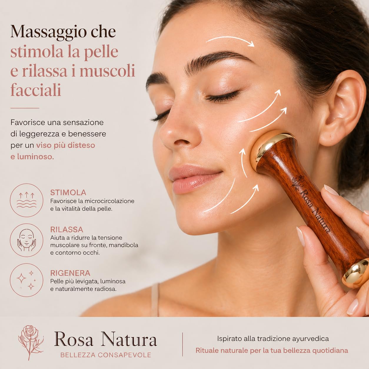 Kansa Wand Rosa Natura – Massaggiatore Viso Ayurvedico, Doppia Testa Bronzo e Teak, Effetto Lifting Naturale, Anti-Età, Pelle Luminosa e Distesa, Massaggio Viso e Collo