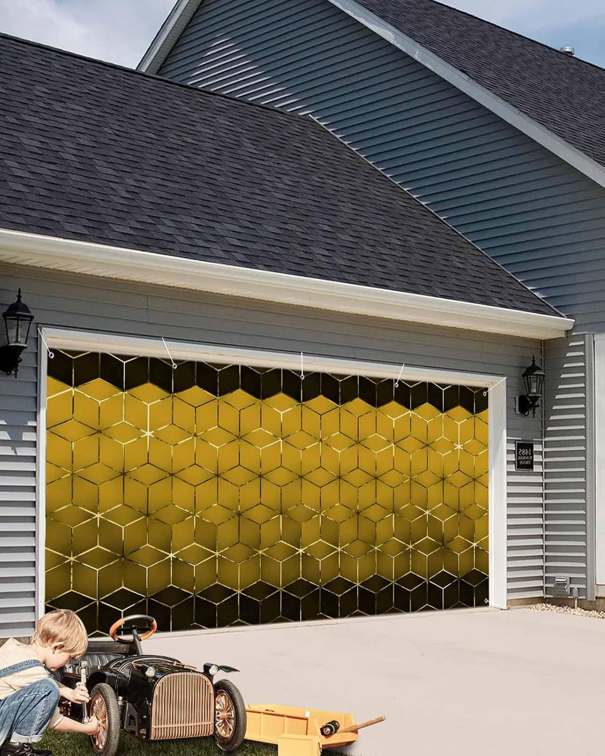 Garage Door Banner Modern Yellow Gradient Geometric Garage Door Decorations 7x16ft, Abstract Stereo Art Hanging Backdrop Wall Decoration for Outdoor Party Holiday Birthday Yard