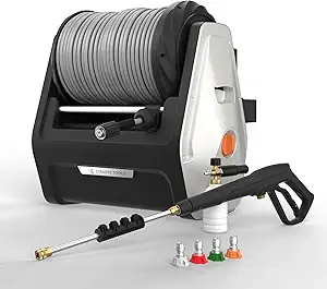 Giraffe Tools Grandfalls Pressure Washer Plus, Max 2400 PSI, 2.0 GPM Electric Wall Mounted Power Washer with 80ft Pressure Hose, Foam Cannon, 4-Nozzles for Car/Driveways/Patios, Light Silver