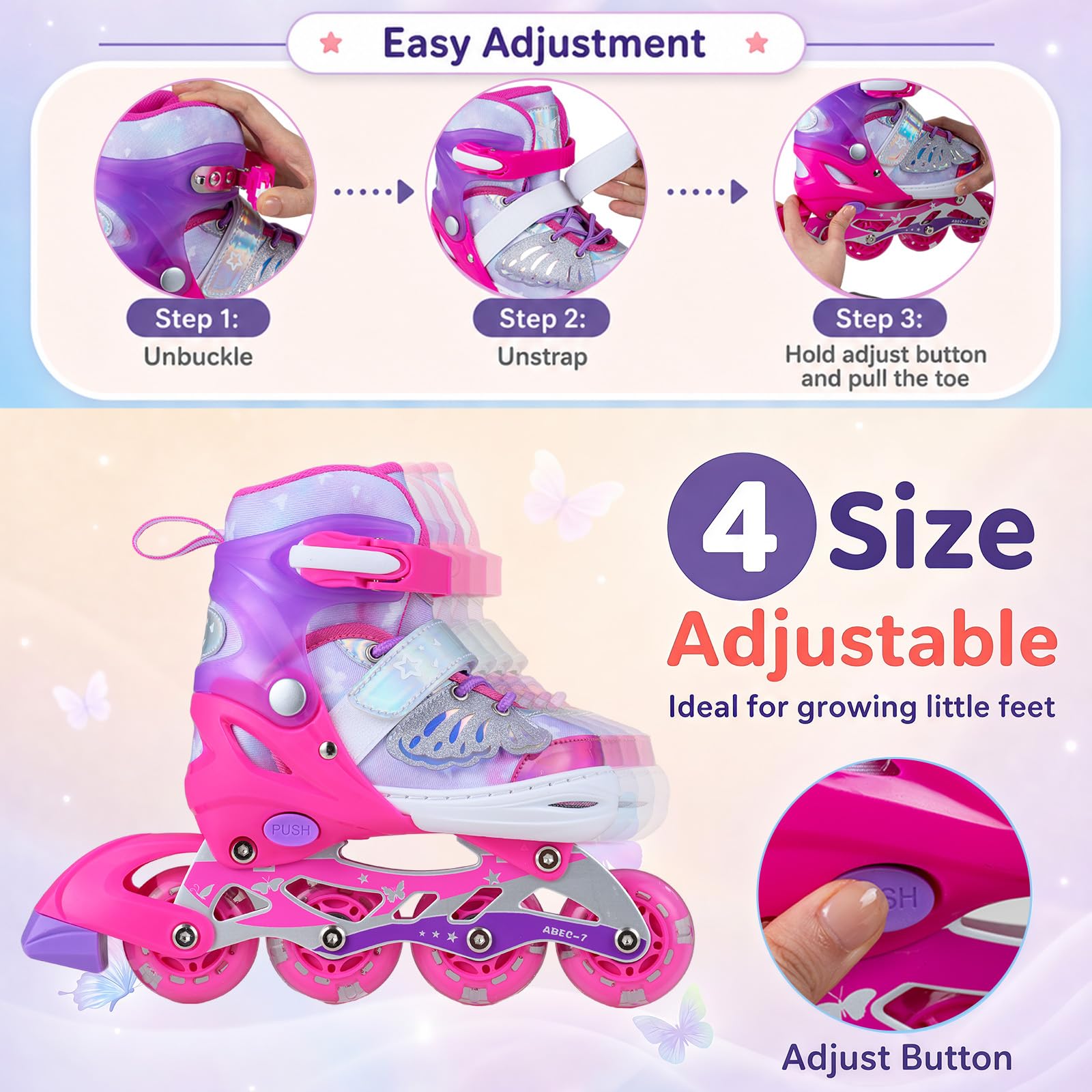 HOMASIS Patins a roulettes Enfant Réglables sur 4 Pointures avec 8 Roues Lumineuses LED, Rollers en Ligne pour Fille Garçon 5-14Ans, Rollers Quad Débutant Evolutif avec Frein