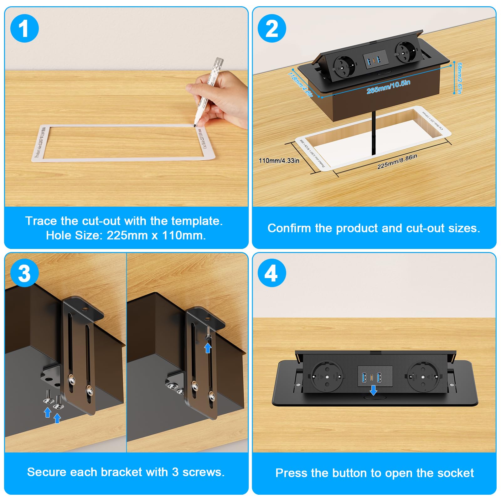 Alpheus Gniazdo wpuszczane na blat roboczy, USB-C PD 20W, 2 gniazda, czarne | Listwa zasilająca do zabudowy, 2 gniazda, USB-C PD 20 W, 2 USB-A 18W, metalowa obudowa, do biura, stołu konferencyjnego i