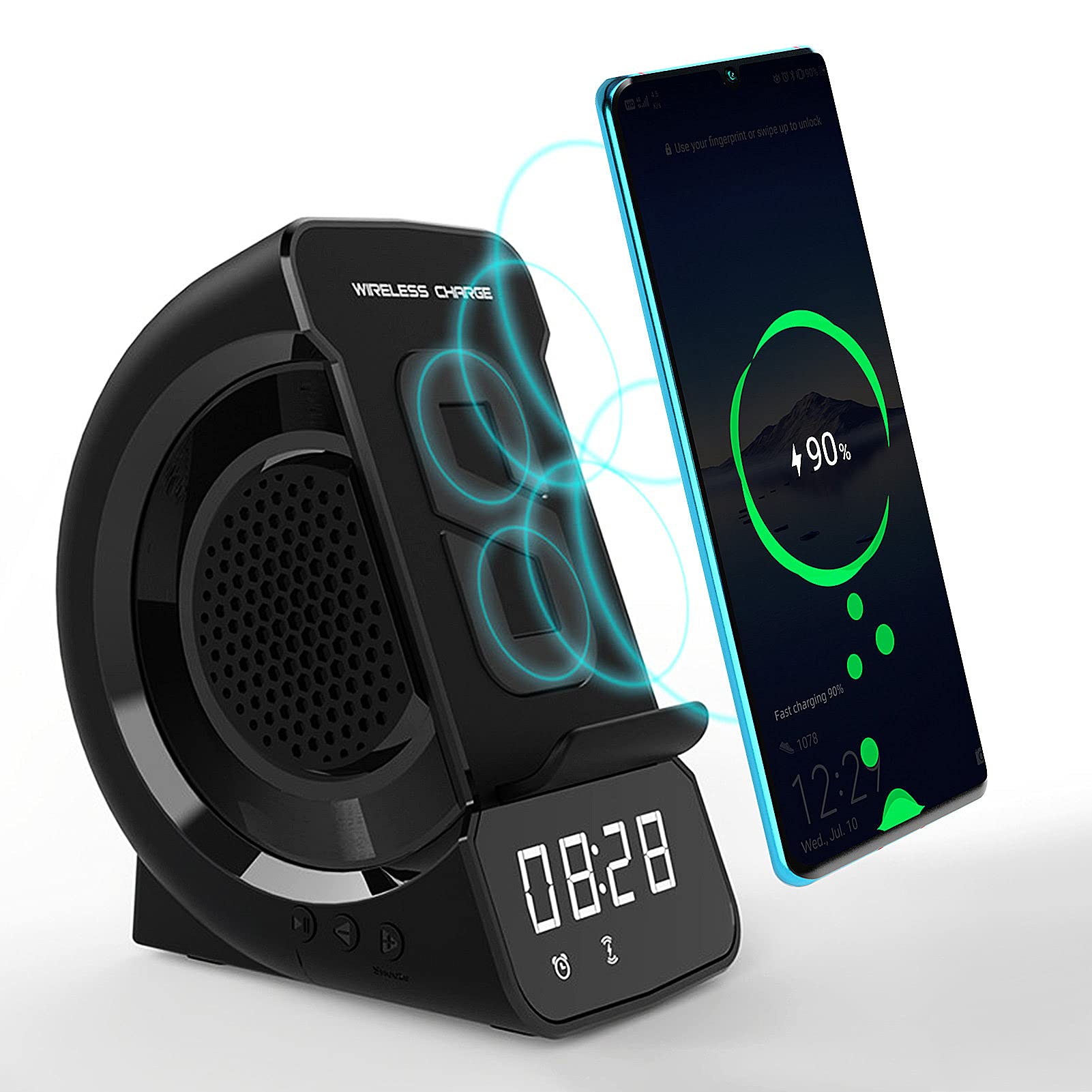 Cargador inalámbrico WD-200 Altavoz compatible con Bluetooth Pantalla LED digital Reloj despertador Estación de carga de radio con soporte para el dormitorio y la oficina