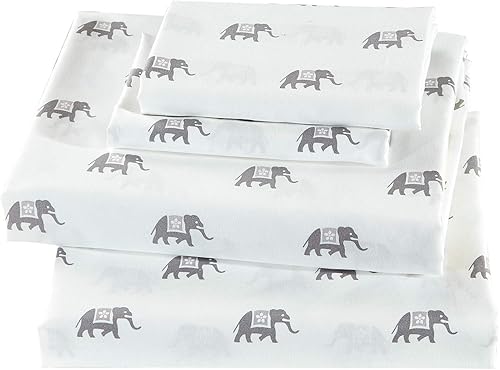 Linen Plus Juego de sábanas de elefante grisblanco Elefantes Sábana bajera ajustable y fundas de almohada tamaño Queen Nuevo