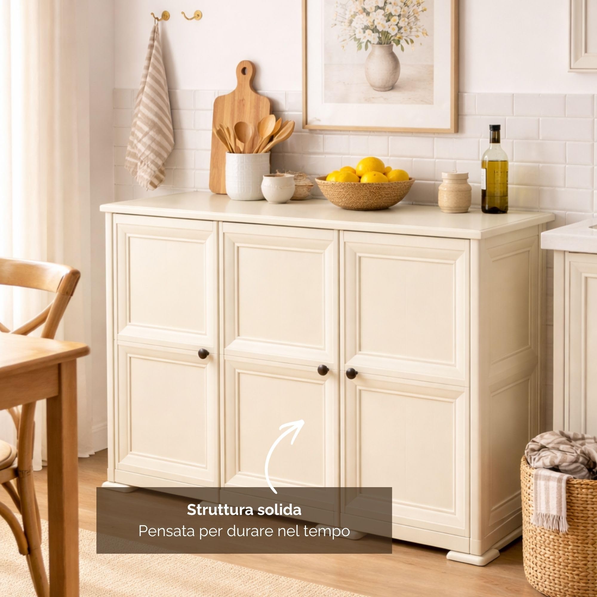Armadio in Plastica 118 x 43 x 85.5 cm con 3 Ante e Finitura Effetto Legno – Mobile Contenitore Multiuso per Salotto, Balcone Coperto e Organizzazione Casa (Angora)