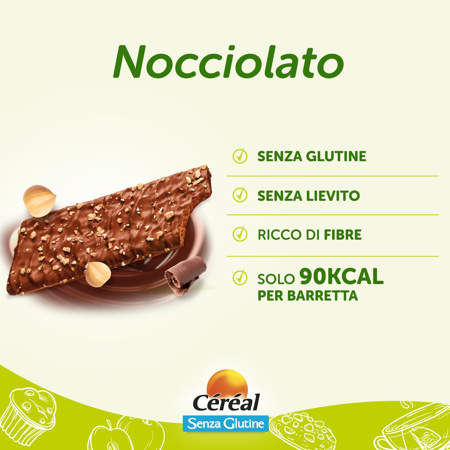 Céréal Nocciolato, Barrette senza Glutine con Cereali e Cioccolato, Snack Gustoso e Ricco di Fibre con solo 90 calorie per Biscotto, Pack di 8 confezioni da 5 barrette (8 x 5, 90 gr)