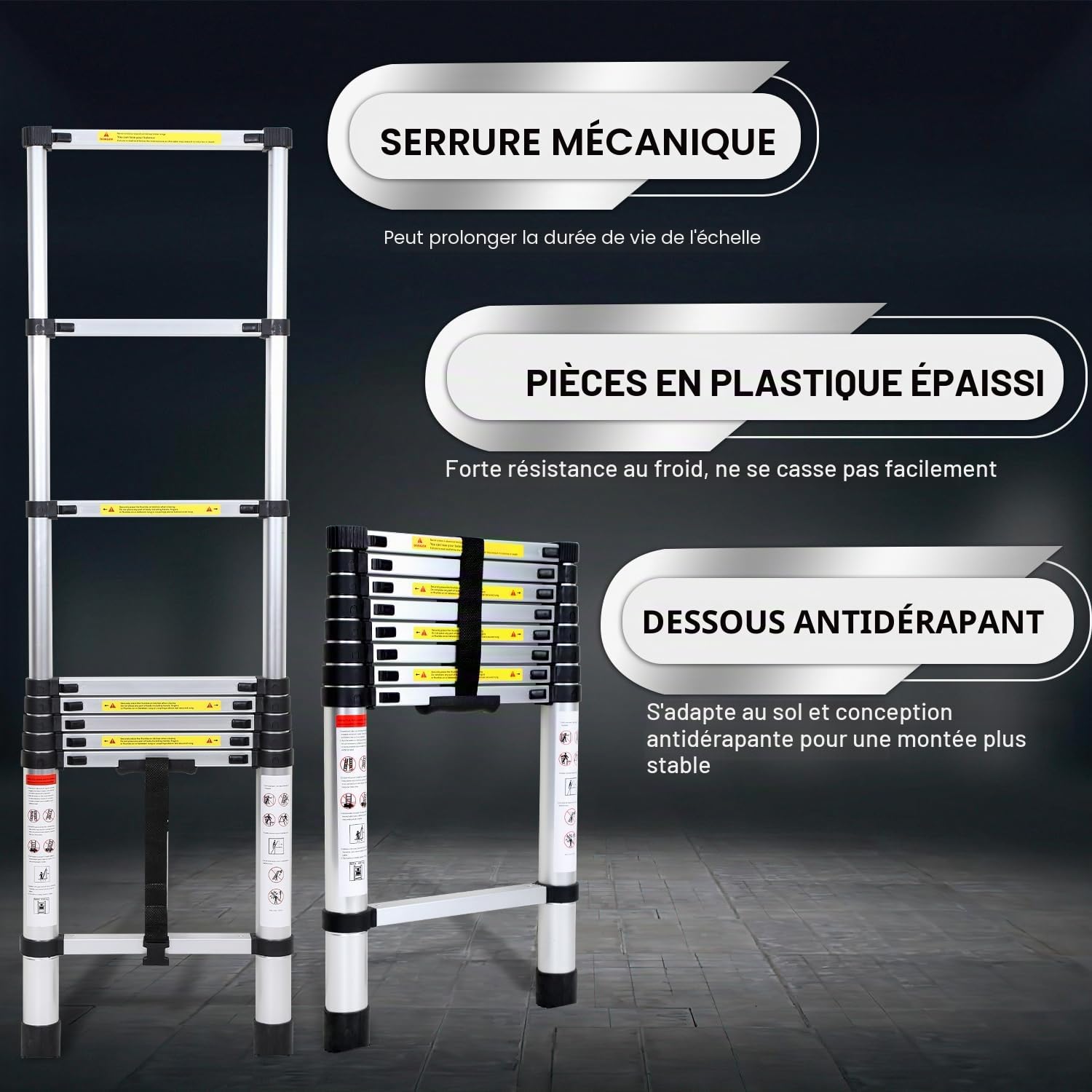 Échelle télescopique en aluminium - 3,2 m - Portable - Échelle télescopique en aluminium - Antidérapante - Multifonction - Charge maximale de 150 kg - Pour jardin, intérieur et extérieur