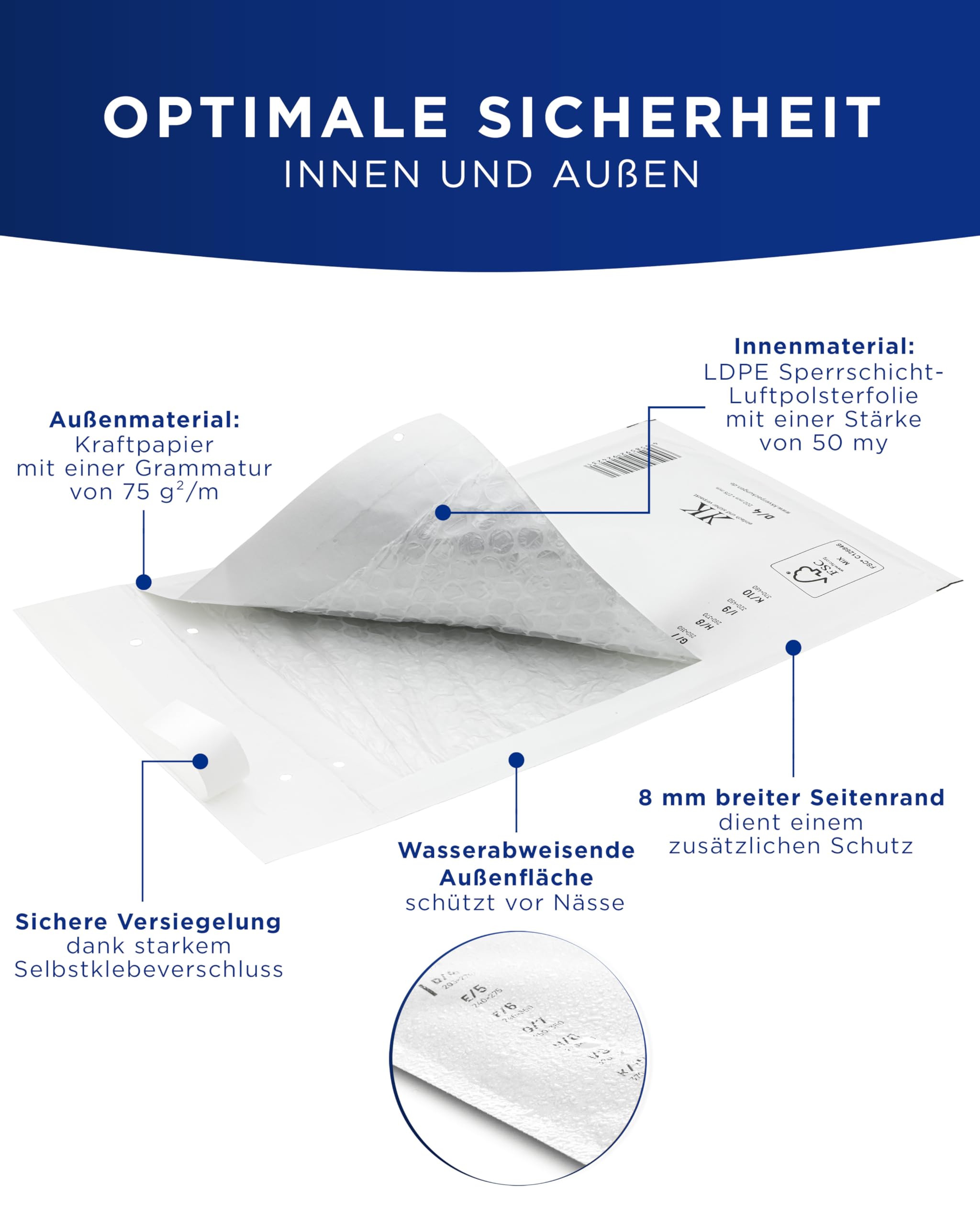 KK Verpackungen 600x Luftpolster-Versandtaschen C3 C/3 170 x 225 mm (Außenmaß) in Weiß | Luftpolsterumschläge Luftpolstertaschen selbstklebend für DIN A5+