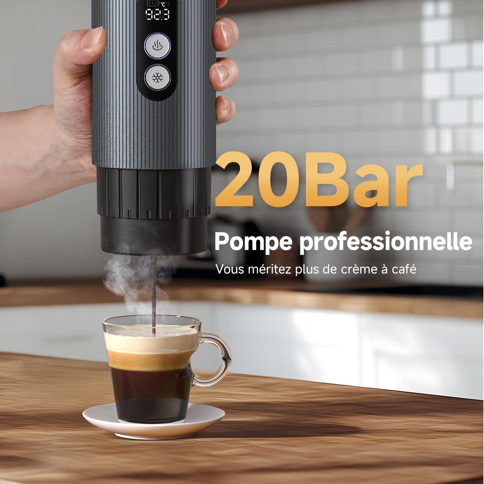 AMZCHEF Machine à Café Espresso Portable de Voyage avec Batterie – 20 Bars, Chauffage Rapide USB-C – Compatible avec Capsules & Café Moulu – Cafetiere Portable pour Camping/Bureau,Aluminium