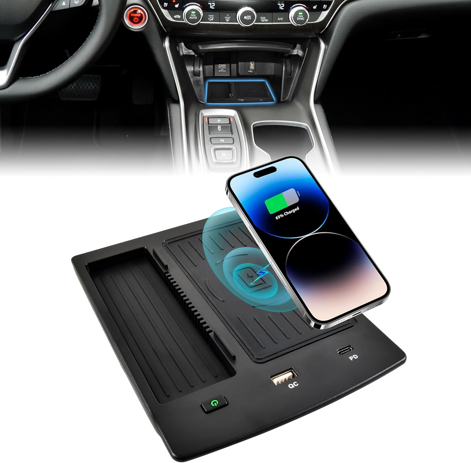 Fast Wireless Charger for Honda Accord 2018-2022, Car Wireless Charging Panel with USB-A USB-C Center Console Organizer for 2018 2019 2020 2021 2022 Honda Accord Accessories