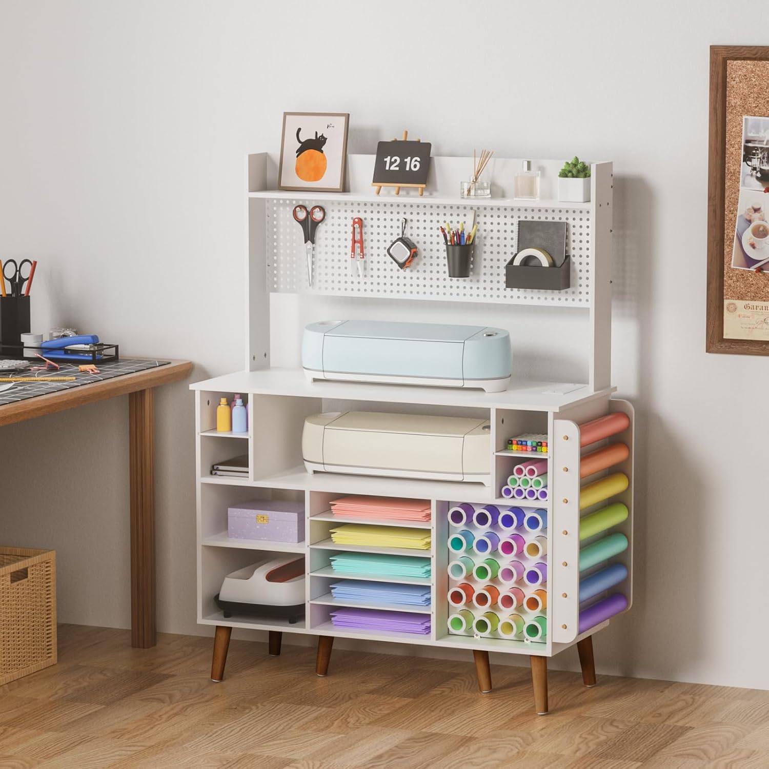 Organization and Storage Table Compatible with Cricut Machines - Craft Room Furniture,Craft Storage Table with Power Outlet,Craft Table for Vinyl