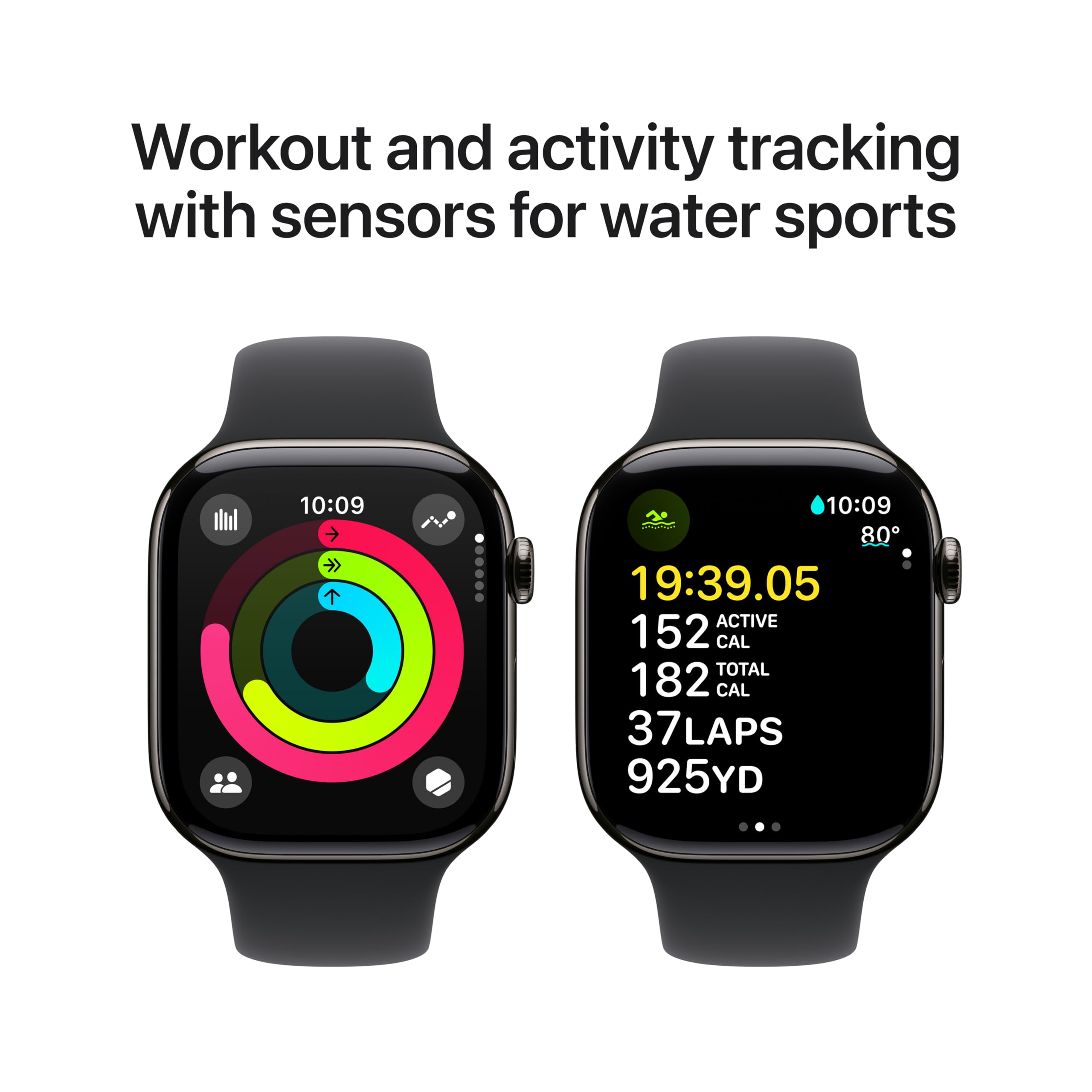 Apple Watch Series 10 (GPS + Cellular 46 mm) Smartwatch mit Titangehäuse in Schiefer und Sportarmband in Schwarz (S/M)(Reconditionné)