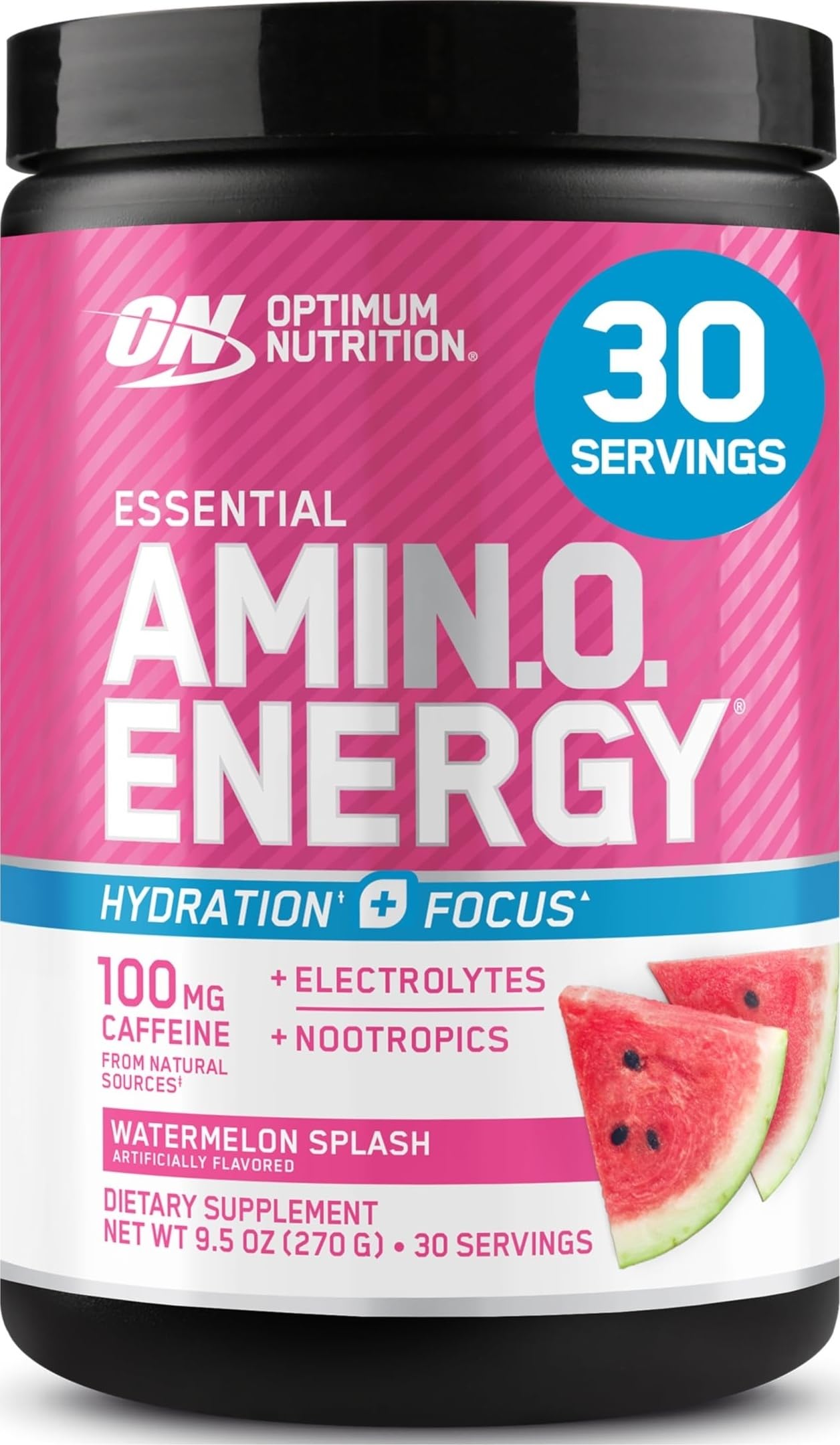 Optimum Nutrition Amino Energy Powder Plus Focus, Watermelon, 9.5 Oz | Contains BCAAs, Electrolytes, 100 mg Caffeine, 5g Amino Acids, Zero Sugar, Supports Hydration, Banned Substance Tested