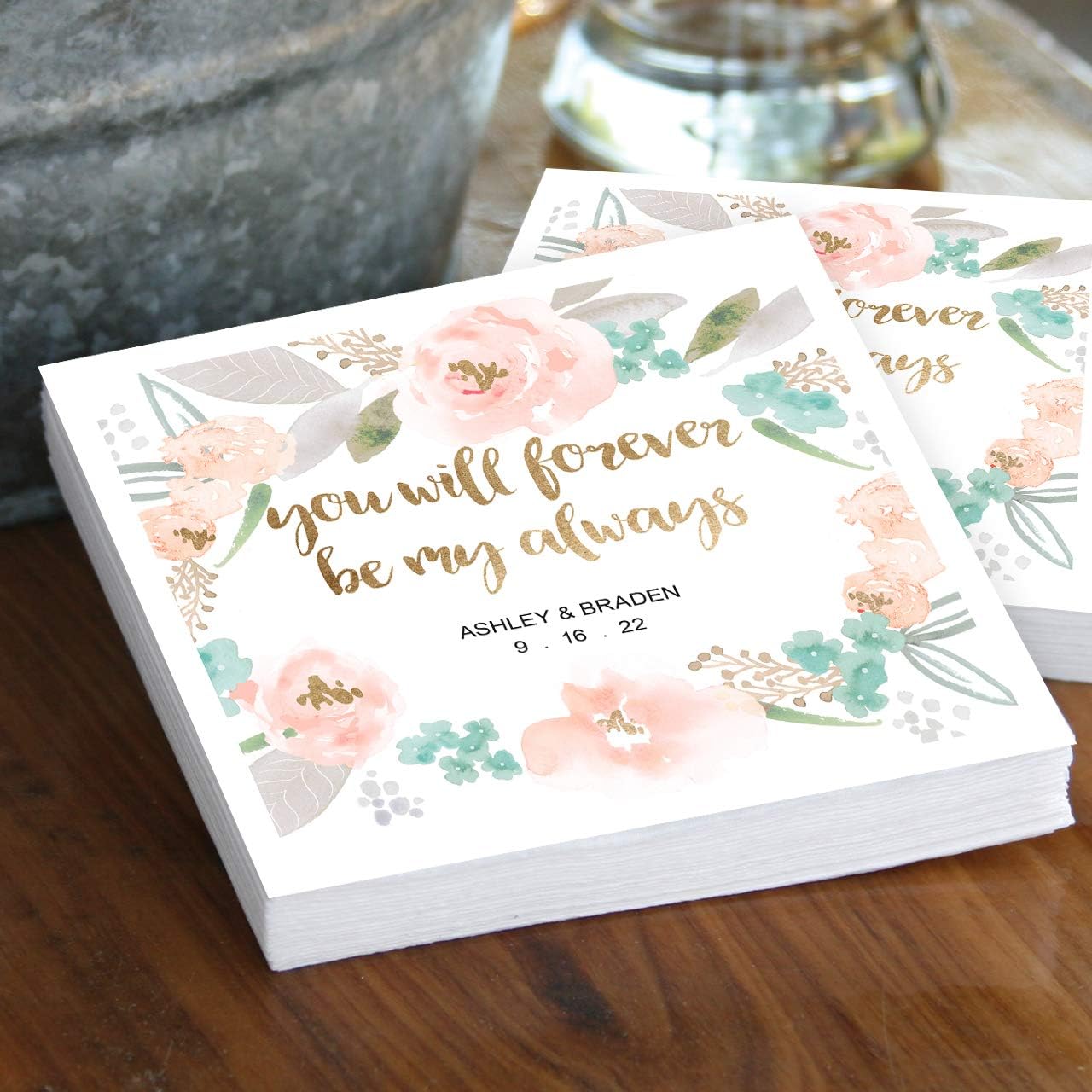 Forever and Always Personalized Luncheon Napkins / 100 Custom Printed White Uncoined Napkins / 6 1/2'' x 6 1/2'' Wedding Anniversary Dinner Napkins/Made In The USA