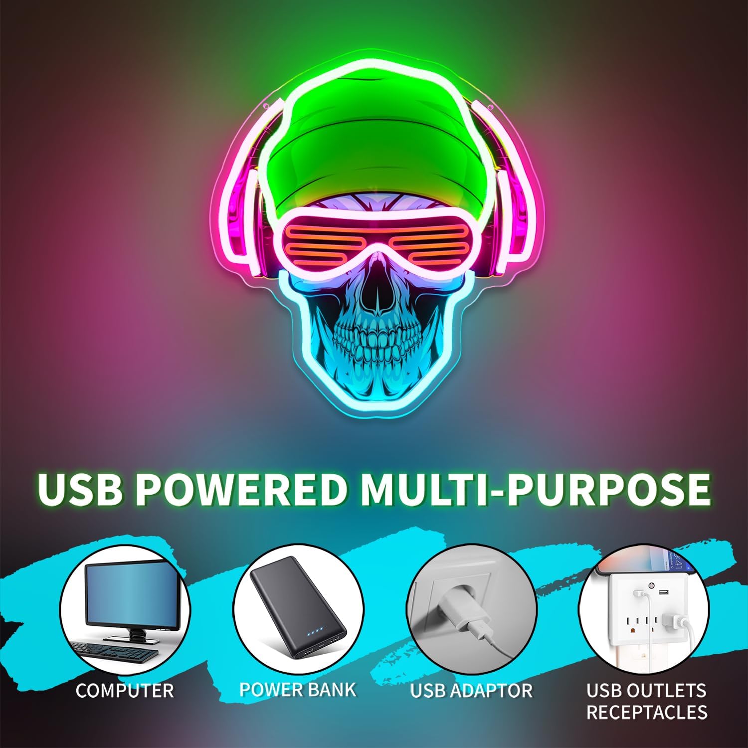 Headphones Skull Neon Sign, LED Gamer Neon Light, Dimmable Gaming Neon Signs for Bedroom, Gaming Room, Man Cave, Party, Cool Aesthetic Room Decor for Teens Boys