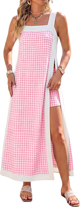 Bankeng Womens 2 Piece Sets Casual Square Neck Color Block Sleeveless Plaid Maxi Dress Matching Shorts with Pockets