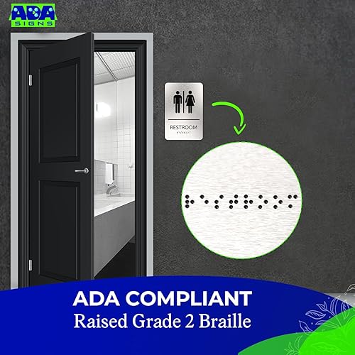 Miniatura 5 de ADASigns - Letrero unisex para baño, aluminio cepillado duradero de 6 x 9 pulgadas con Braille, fácil instalación con cinta adhesiva fuerte, Baño