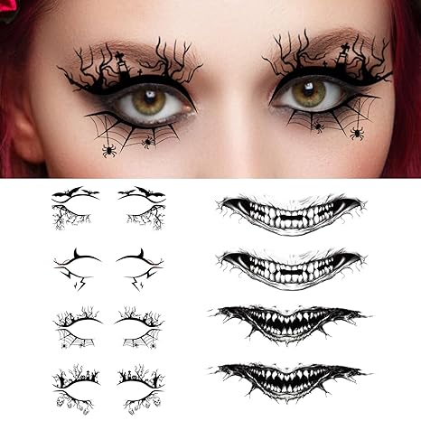 4 Pairs Halloween Eye Shadow Stickers & 4 Pack Skeleton Mouth Temporary Tattoo, 3D Eyeshadow Eyeliner Sticker Waterproof Face Eye Art Decor for Women Girls Halloween Masquerade Party