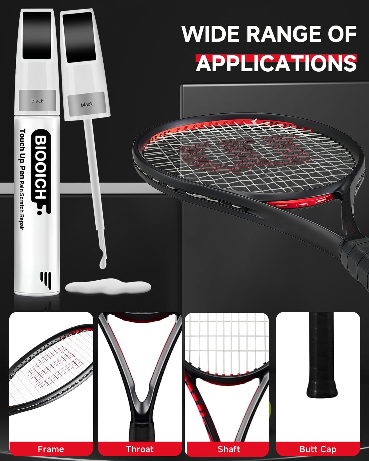 Black Touch Up Paint for Wilson Clash,Tennis Racket Frame Paint Scratch Repair, 2 in 1 Quick Solution to Repair, Scratch Remover Pen for Clash 100 V2 V3/Clash 108 V3 Tennis Racket