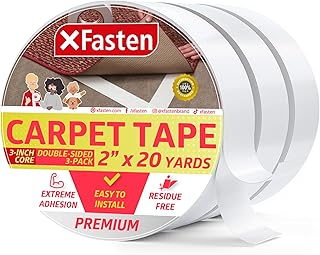 XFasten Double Sided Carpet Tape - 2” x 20yd (3-Pk) Bulk Double Sided Rug Tape for Carpet, Indoor Outdoor Carpet Tape for Area Rugs over Carpet, Strong Adhesion Carpet Binding Tape for Hardwood Floors
