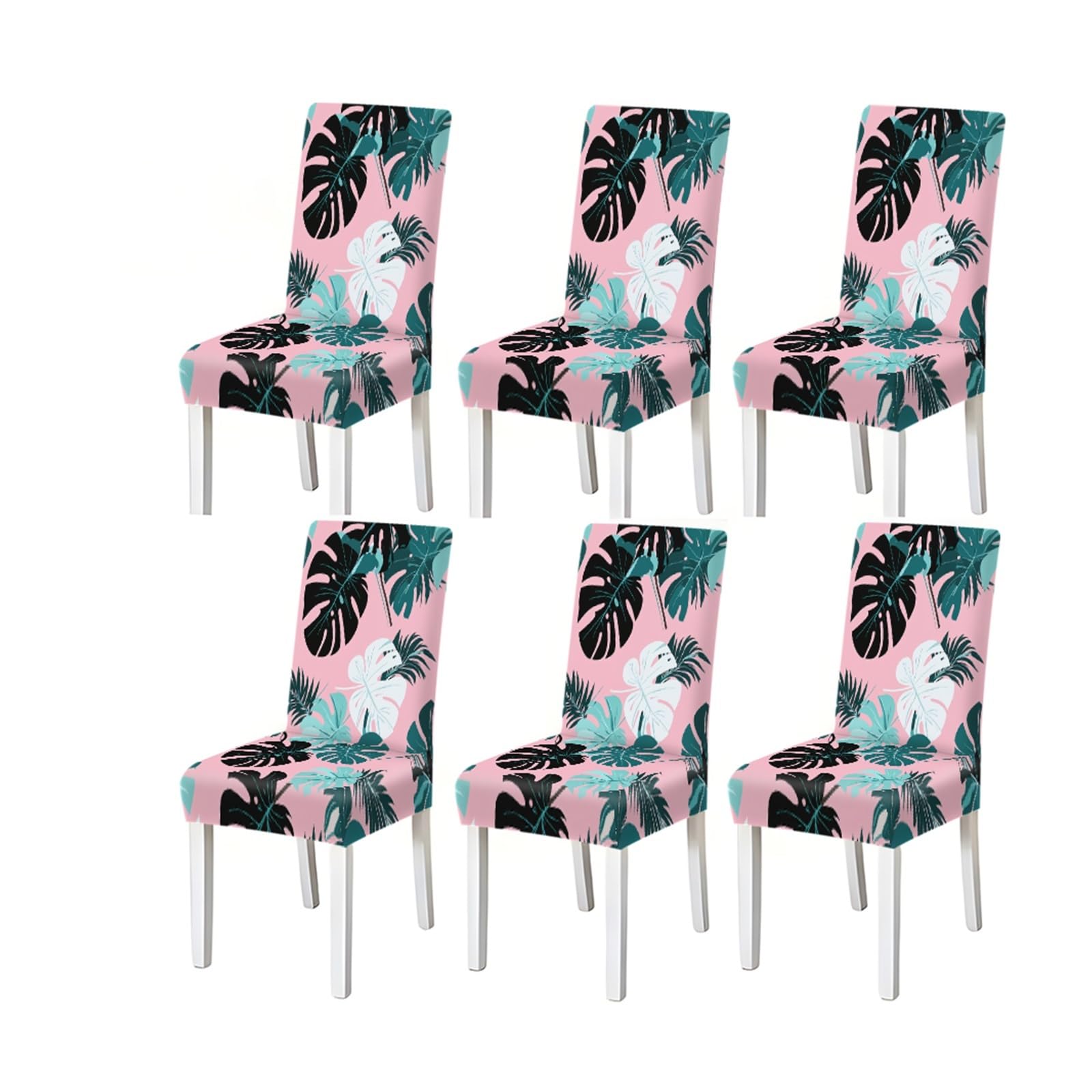 Bosuybn One Color Pink Tropical Monstera Leaf Pattern Print Dining Chair Covers Set Of 2/4/6, Stretch Slipcovers For Kitchen Dining Room Furniture Protectors For Home Dining Room(6Pcschair Cover)