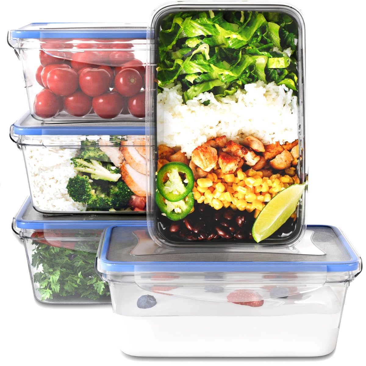 Set of 5 Plastic Food Storage Containers with Lids, 100% Leak-Proof Lunch Boxes, Meal Prep Boxes with Lids, Storage Containers Suitable for Dishwasher, Microwave and Freezer C-FHD 4007 K