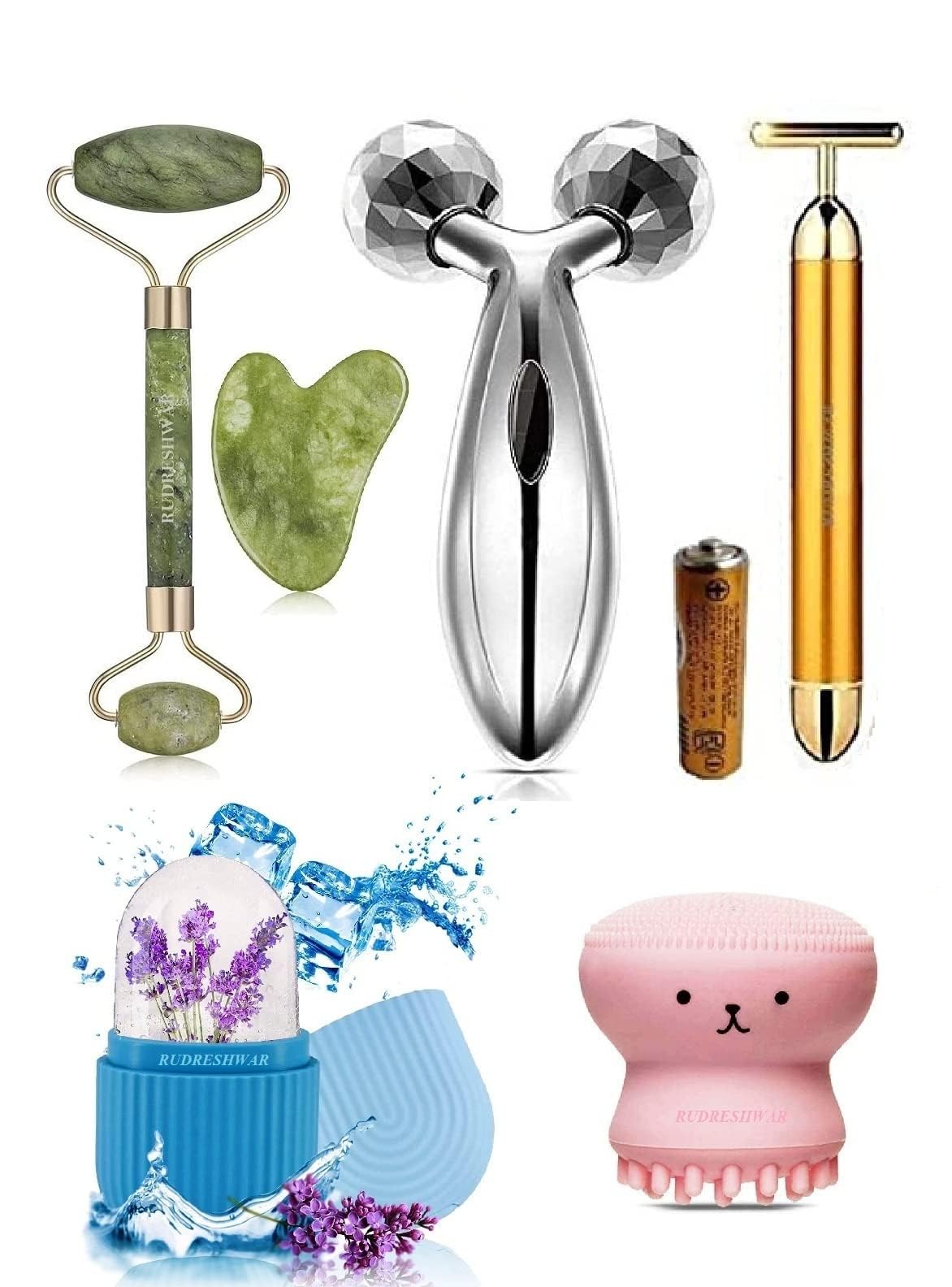 RUDRESHWAR 100% Natural Jade Roller With Gau Sha Stone,T-Shaped 24K Golden Beauty Bar Anti Wrinkle Massager,3D Roller Massager,Octopus Brush,Ice Roller,Face Massager (B0C31W2685) Amazon Price History, Amazon Price Tracker