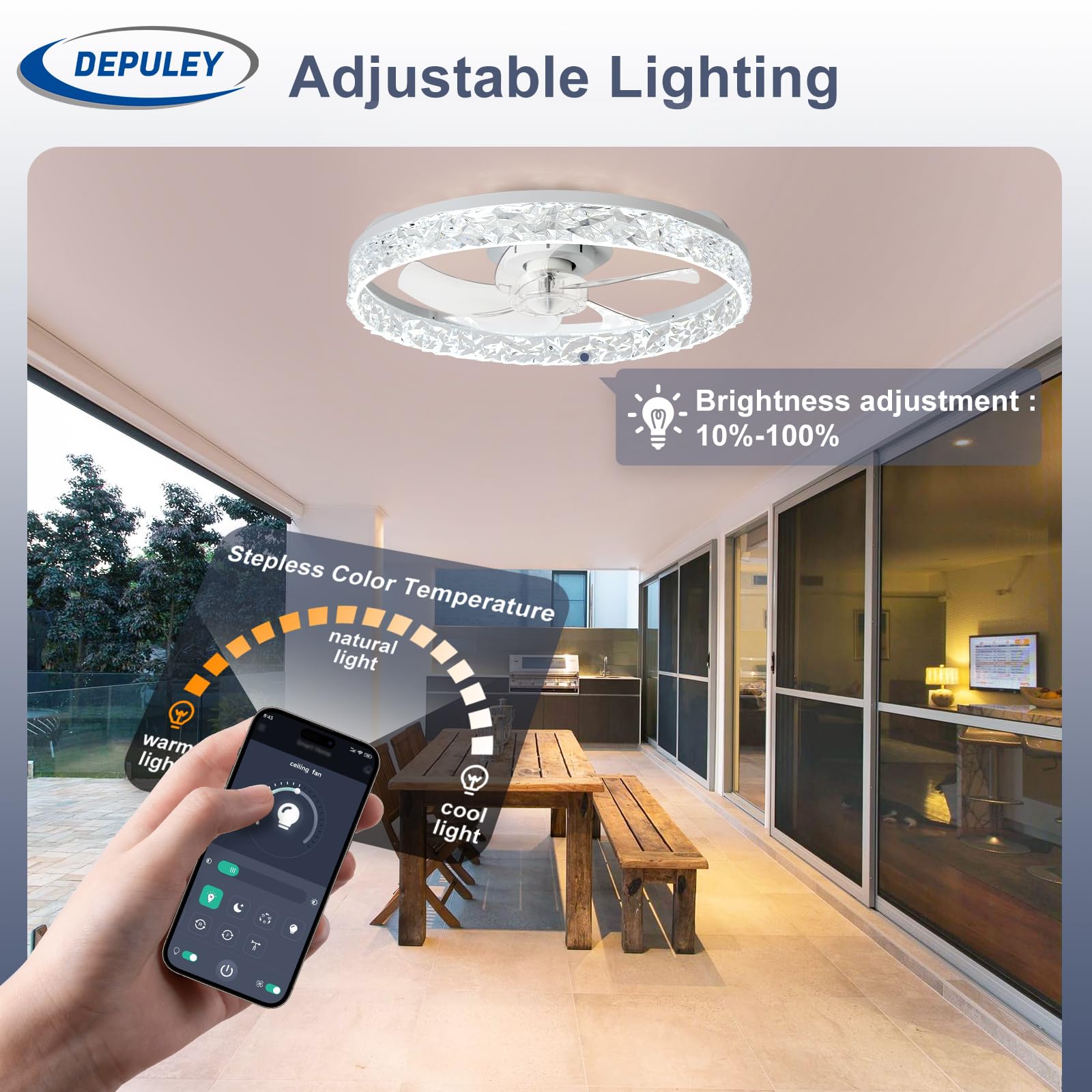 Depuley Ventiladores de techo de 20 pulgadas con luz: Ventilador de techo empotrado LED con control mediante aplicación - Luz regulable para ventilador de dormitorio - Blanco