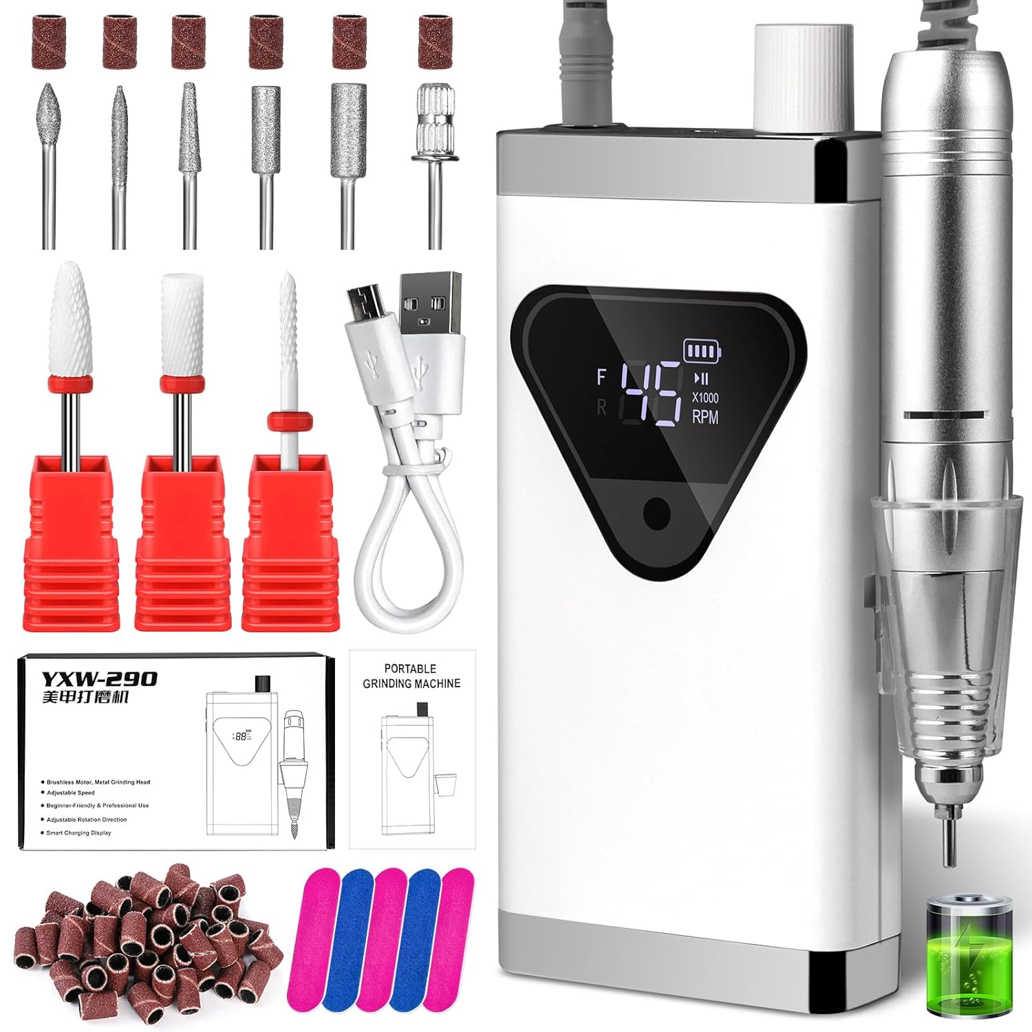 Professional Cordless Nail Drill Kits 45000RPM Electric Nail File for Acrylic Nails Removing and Polishing Gel Nails Lightweight and Easy to Use Ideal for Home and Salon Manicure Pedicure (White)