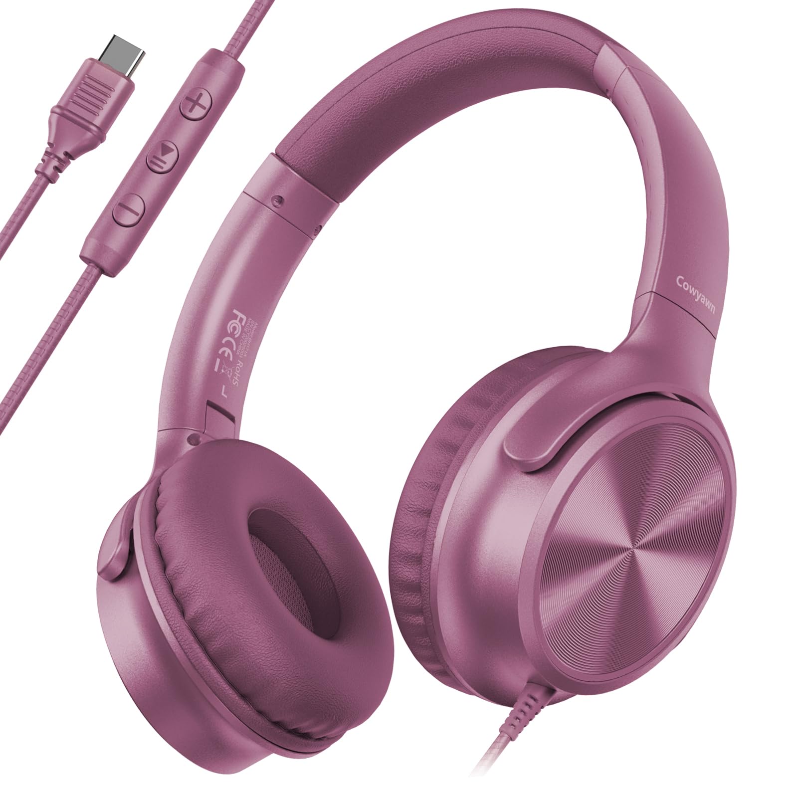 Cowyawn Voilet - Cuffie USB C cablate con microfono, controllo del volume, suono stereo HD, cuffie USB tipo C pieghevoli per adulti/ragazzi/laptop/computer/iPhone 15/16/17, Voilet