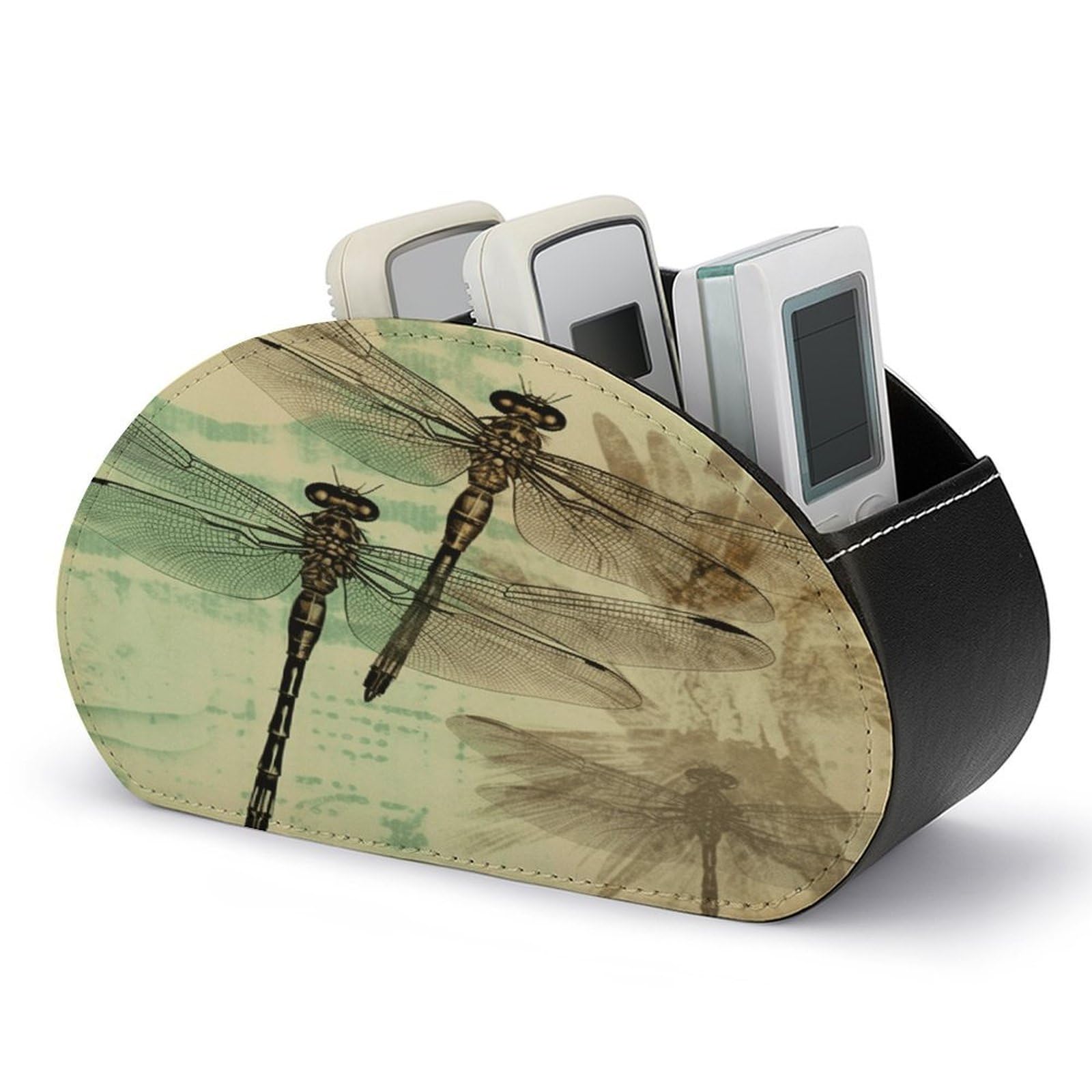 VstaDank Dragonfly Dragonflies Vintage Remote Control Holder with 5 Compartments PU Leather TV Remoter Caddy Desktop Organizer TV Remote Holder Remote Box for Media Controllers Office Supplies
