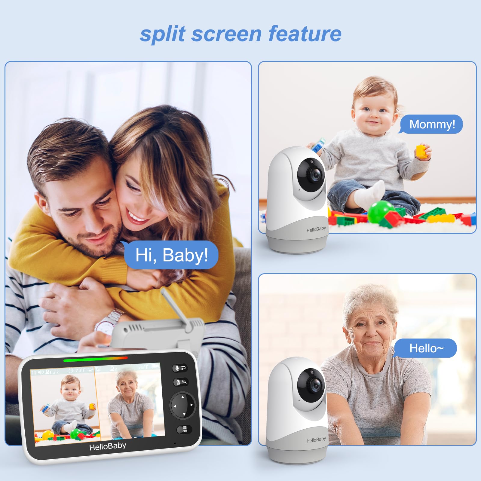 HelloBaby Monitor video baby monitor 5 pollici split-screen con doppia telecamera, telecamere, telecamere, visione notturna e monitoraggio della temperatura, modalità ECO, conversazione bidirezionale