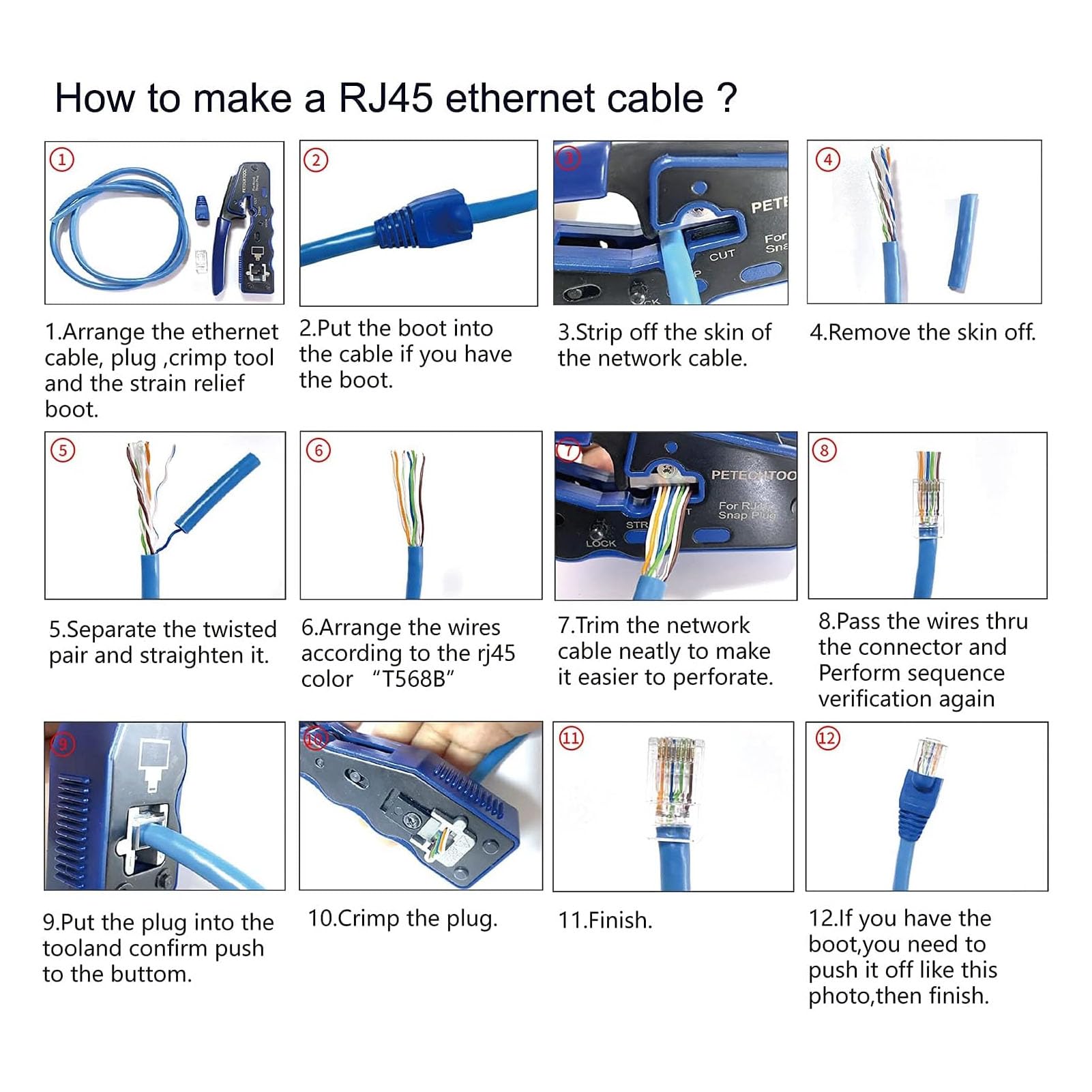 Fockety Kit Crimpatrice RJ45, Crimpatrice Ethernet Passante per Cavi Cat5, Cat5e e Cat6 con Connettori 8P8C, per Cavi RJ45, RJ11, RJ12, Crimpatrice e Tester Cat6, Crimpatrice Passante