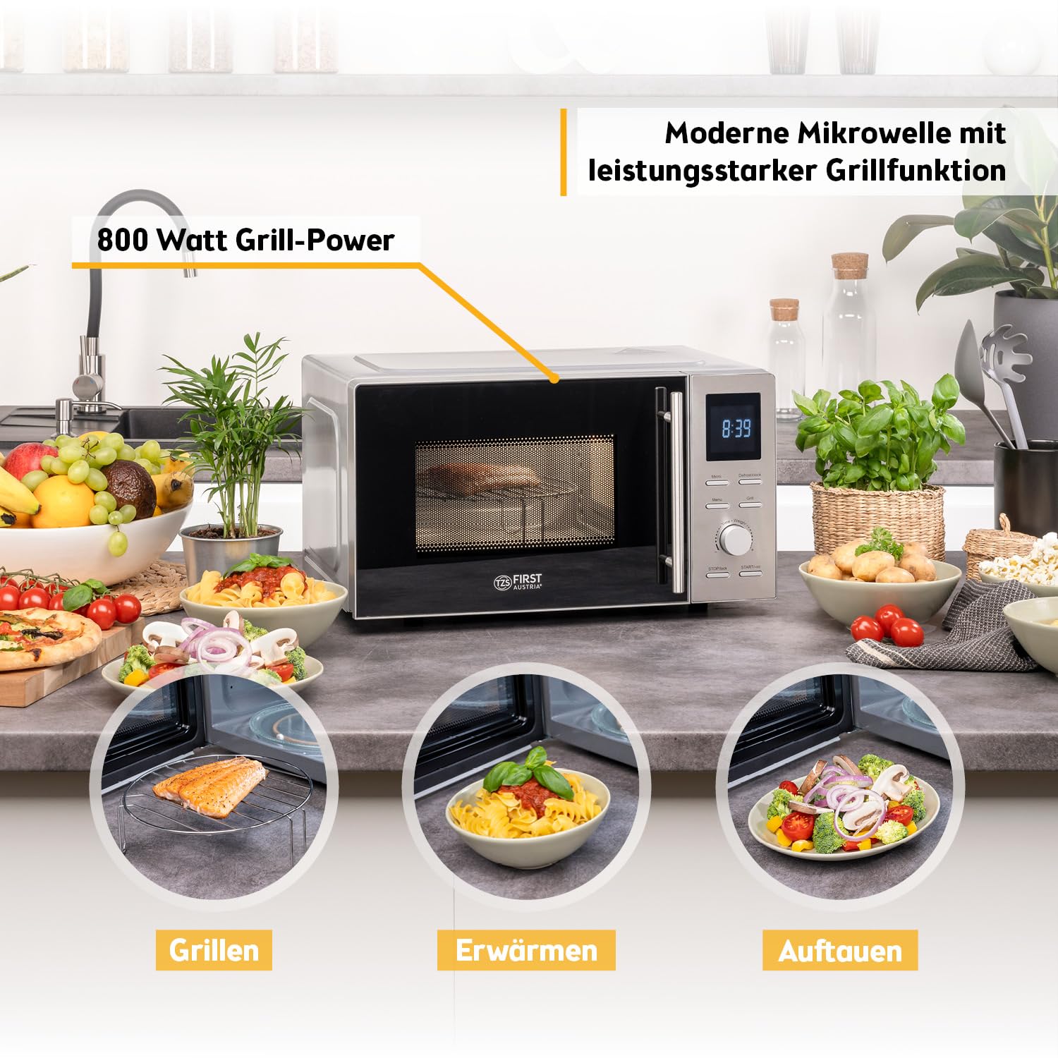TZS First Austria - Mikrowelle mit Grill - 2-in-1 Mikrowellenofen - 20 Liter - 700 W Mikrowelle & 800 W Grill - Schnellstart - 8 Programme - LCD-Display - Edelstahl