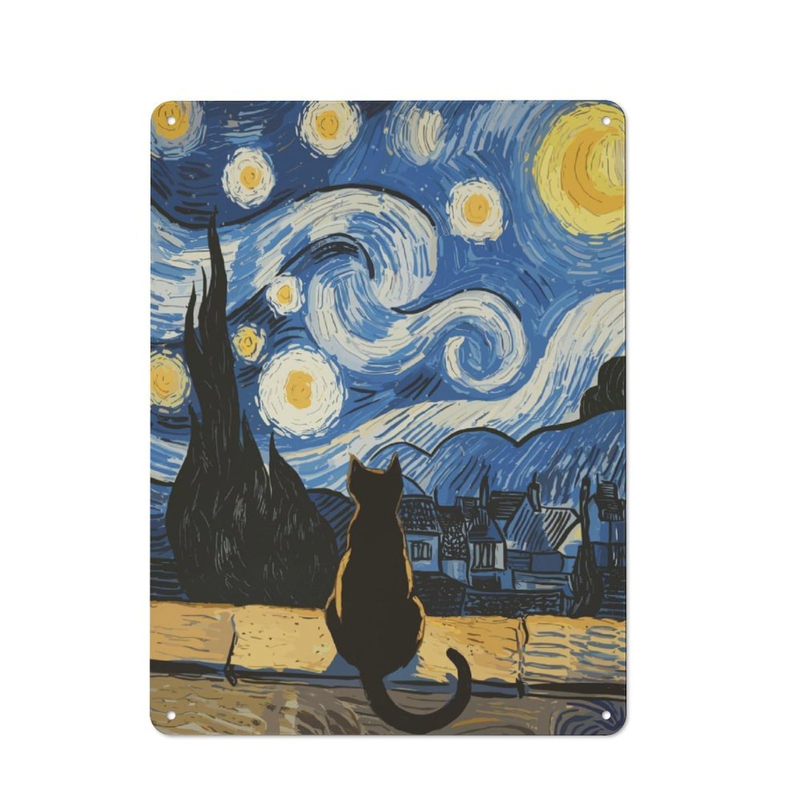 Junmoney Black Cat And Starry Night For Lounge Or Reading Corner, Retro Metal Sign 40X30cm, For Metal Sign Collectors, For Garage And Workshop Walls