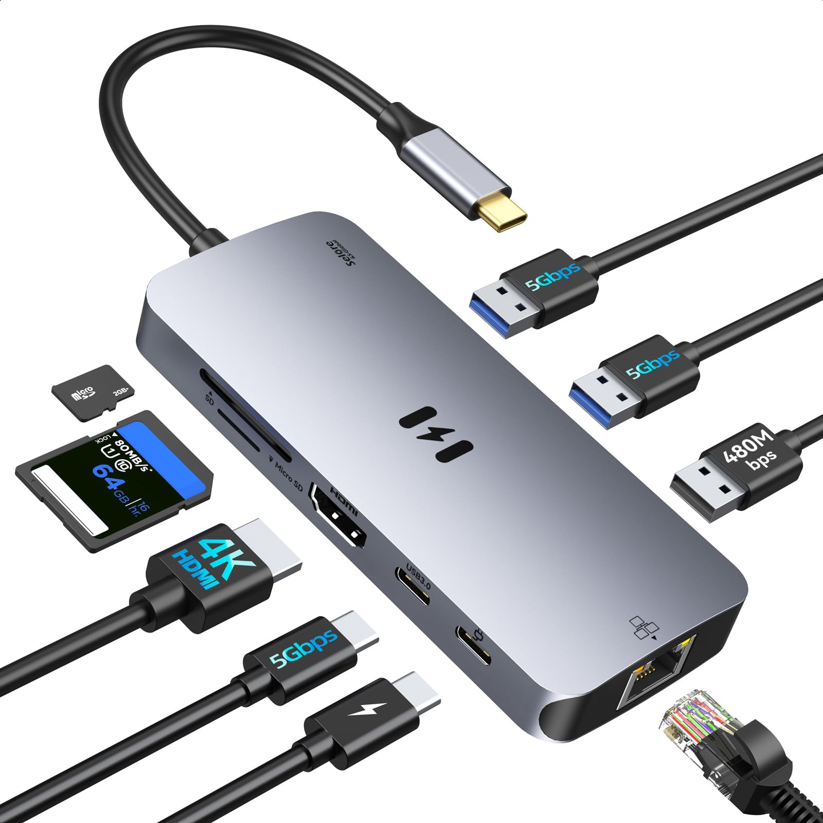 USB C Adapters for MacBook Pro/Air,USB C HDMI Hub,Mac Dongle with 3 USB Port,9 in 1 MacBook Hub to HDMI,RJ45 Ethernet,100W PD Charging,SD/TF Card Reader Compatible with MacBook/Dell/Lenovo Thinkpad