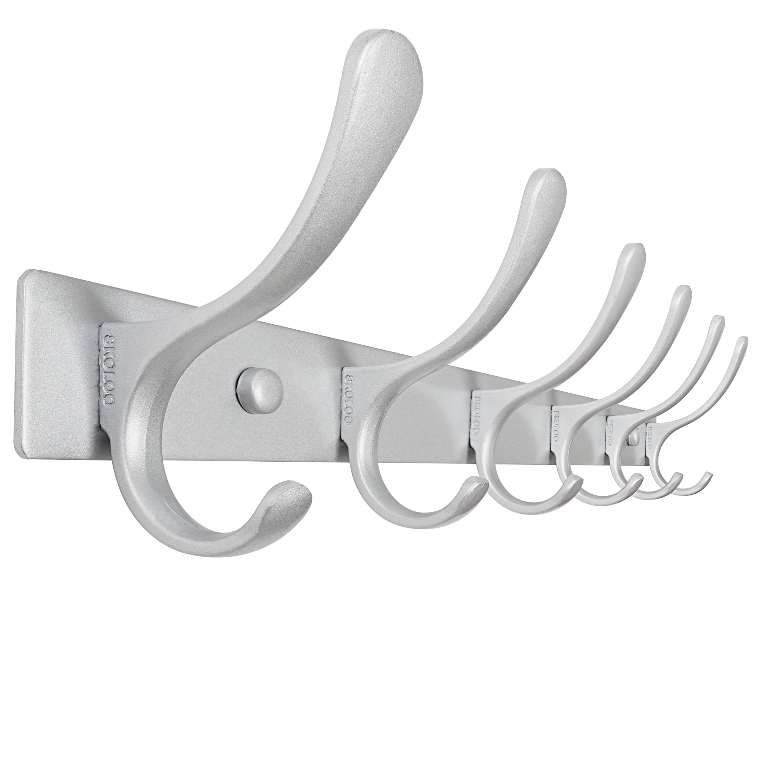 SKOLOO Kapstok wandmontage - 6 haken, heavy duty, roestvrij staal, metalen wandkleerhanger, stevige wandhaken voor het ophangen van jas, jas, kleding, hoed, koud licht zilver