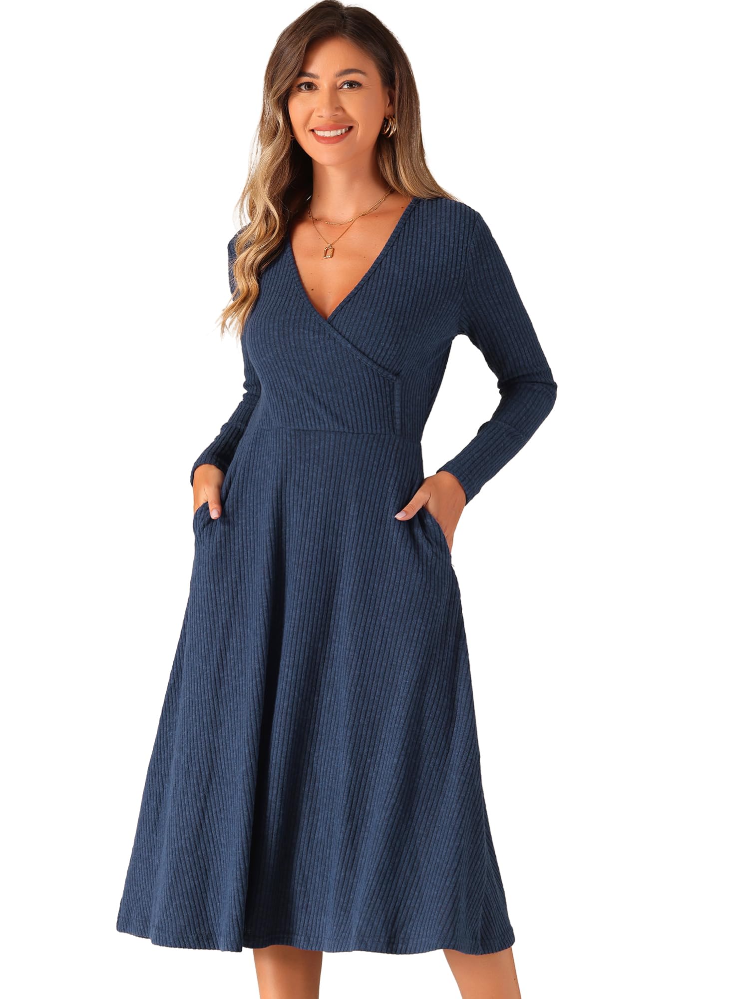 Allegra K Robes en Tricot Femme Col en V Robe d'hiver Chaud à Manches Longues Robe Mi-Longue Trapèze Côtelée