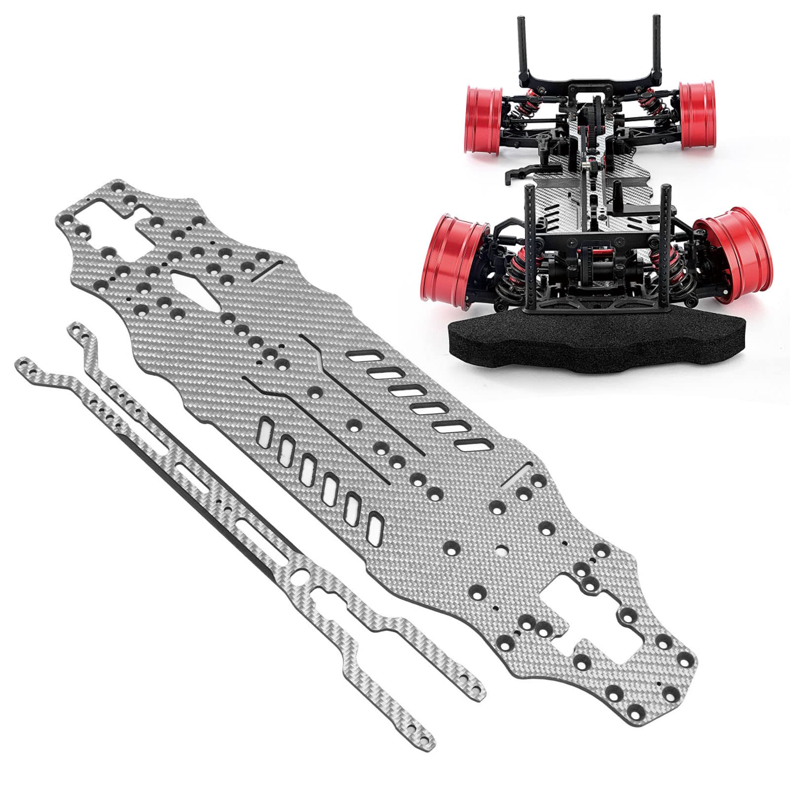 for 1:10 RC Car Chassis, 3K Carbon Fiber Material, CNC Machined, Hollow Design, Lightweight, Flexible, Drift Performance (SSG de plata)