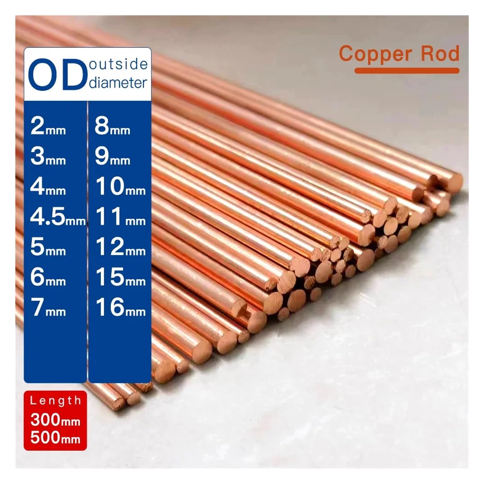Varilla de cobre de diámetro Φ2 mm - 16 mm de longitud, barra sólida de cobre rojo recto de 300 a 500 mm, varilla redonda de cobre morado.(500mm,3 mm (3 pcs))