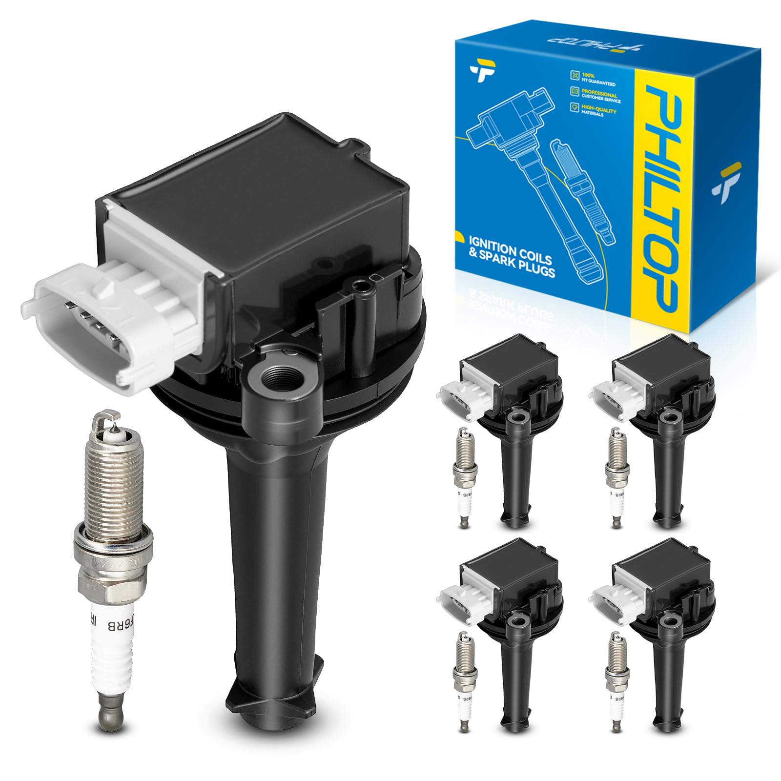 PHILTOP Ignition Coil Pack and Iridium Spark Plugs Fits for Volvo 2004-2009 2012-2016 S60 2.5T/2.4T, 2004-2011 S40 2.4L/2.5T, 2006-2013 C70, 2008-2013 C30, 2007 2016 XC70 2.5T, 5PCS UF517