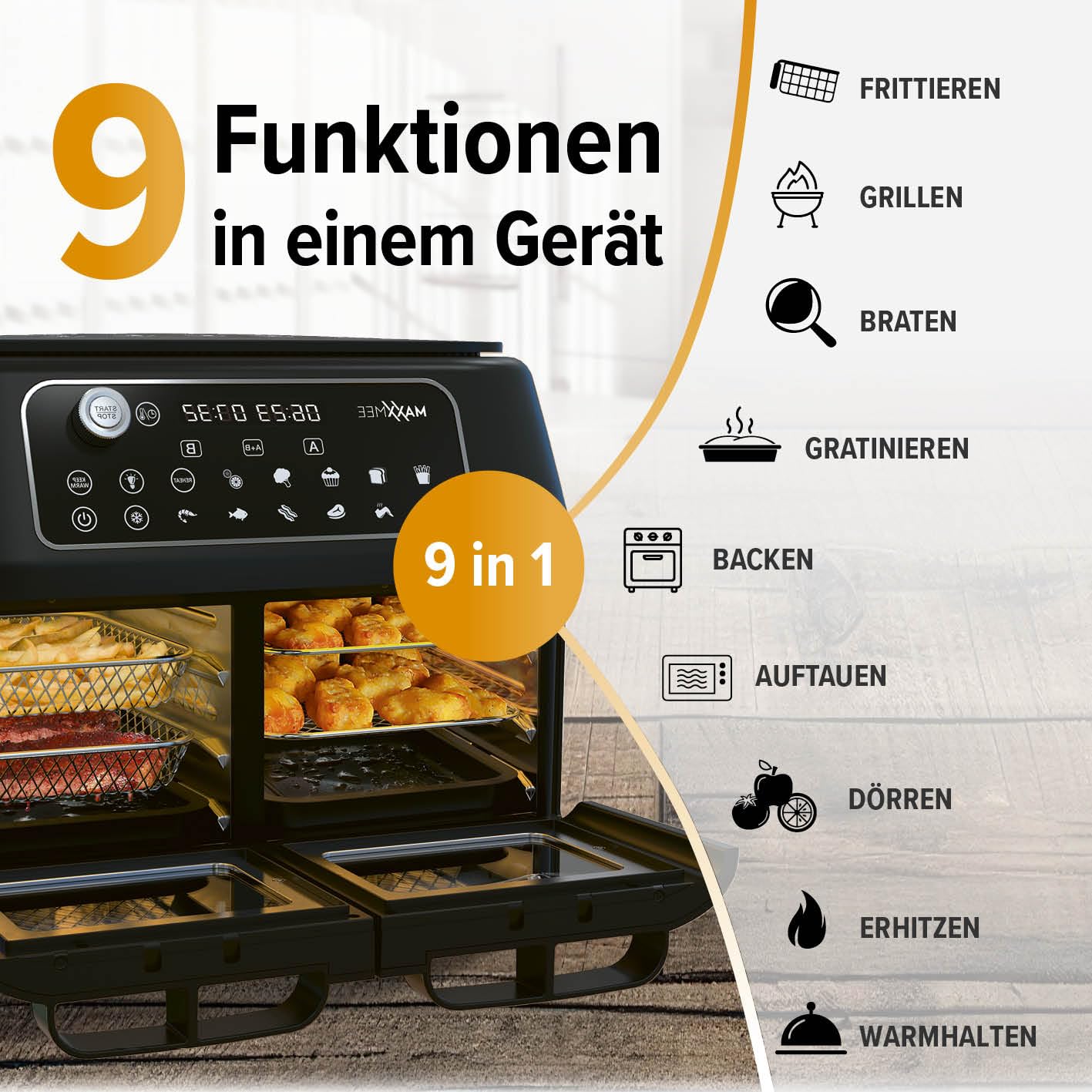 MAXXMEE Heißluft-Fritteuse Doppelkammer 11 Liter | Clevere Kombination aus Heißluftofen, Grill & Fritteuse mit 2 XXL-Frittierfächern mit je 5,5 Litern | Digitales Bedienfeld und Sichtfenster