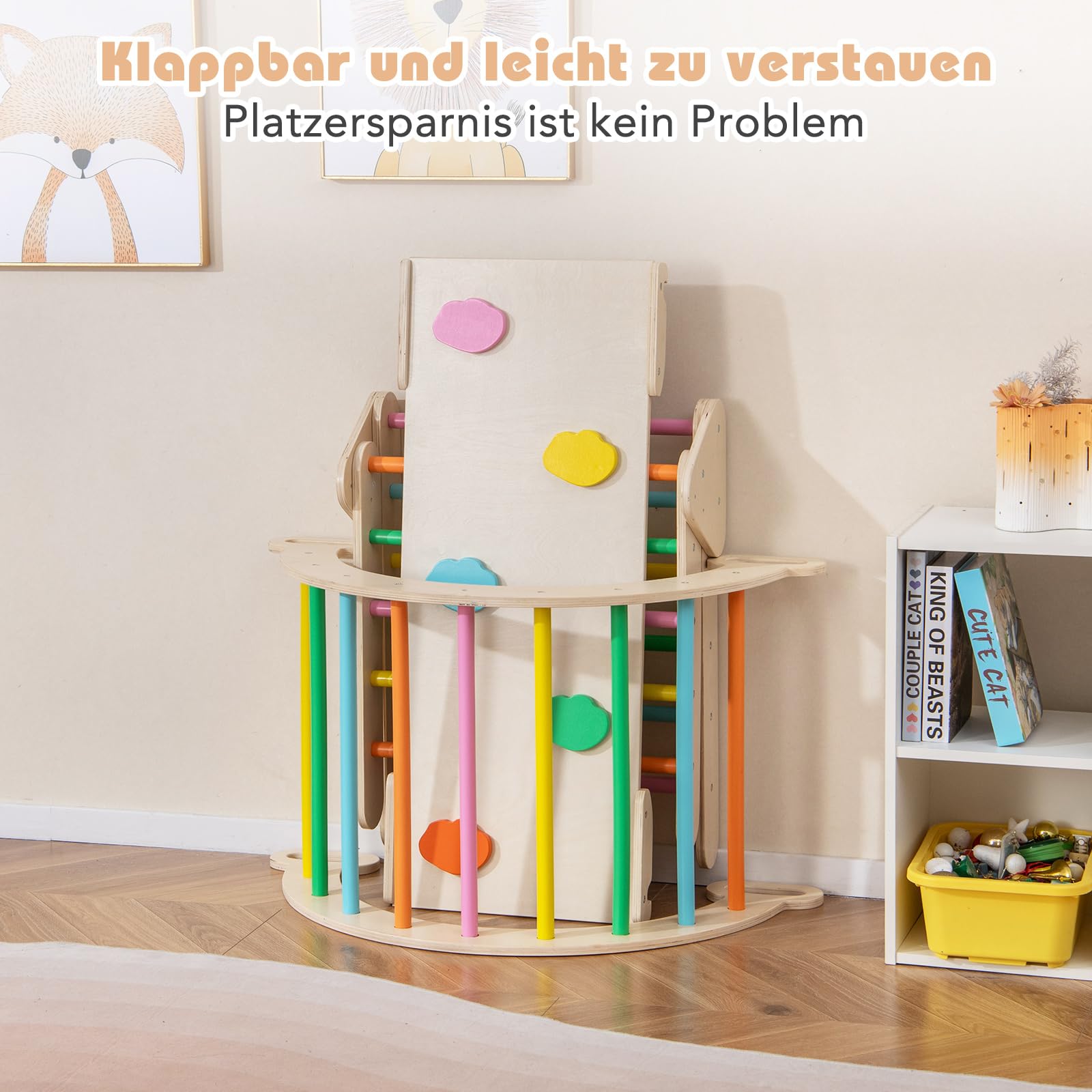 COSTWAY Klimdriehoek met glijbaan, klimboog, incl. dubbelzijdige helling, klimrek, indoor inklapbaar, driehoek met sporten om te klimmen, glijden en kantelen, kinderspeelplaats hout vanaf 3 jaar