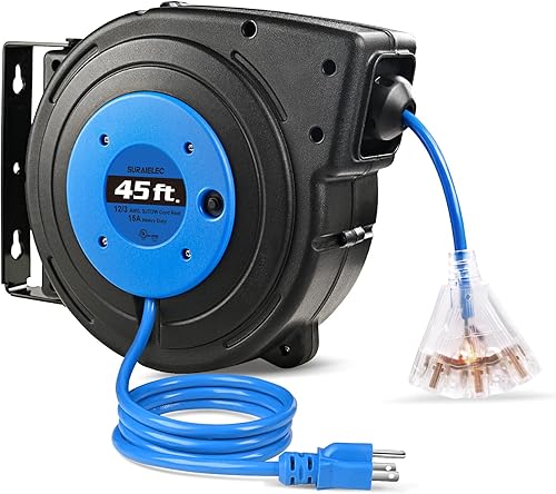 Miniatura 8 de SURAIELEC Carrete de cable de extensión retráctil de calibre 12, cable de alimentación resistente SJTOW de 60 pies 12 AWG3C, 3 salidas de triple